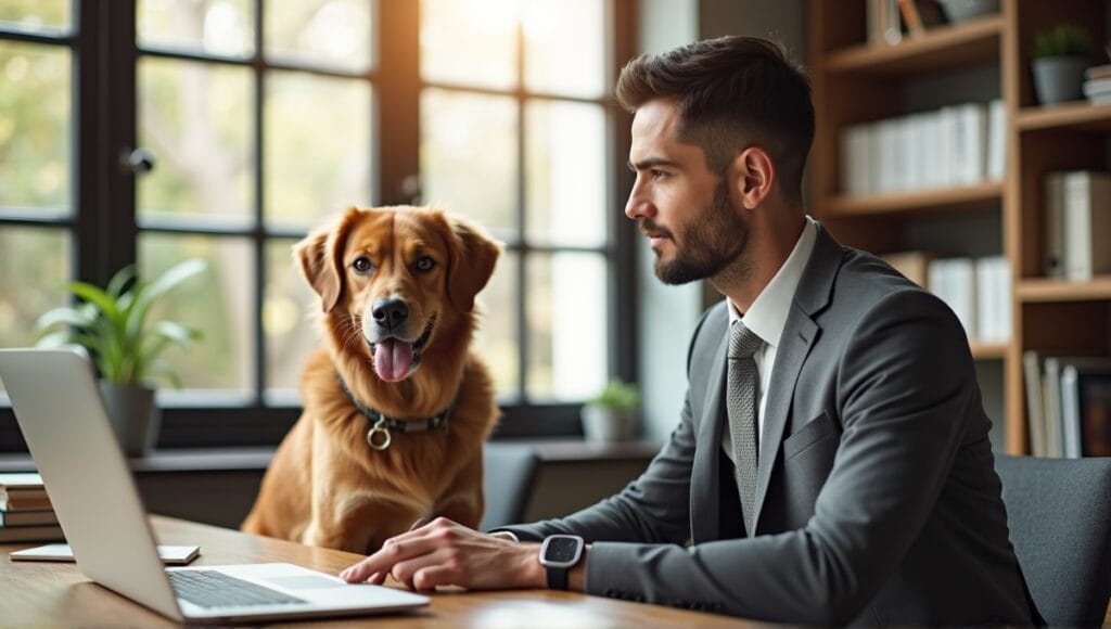 Business owner in a gray suit interacts with a calm service dog in an office.