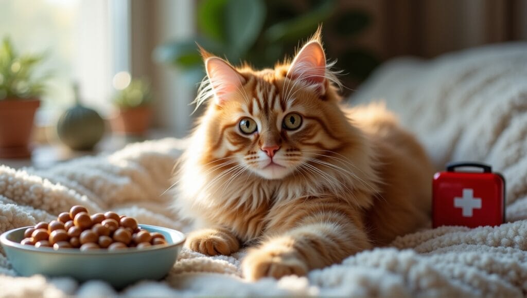 Long-haired cat with luxurious fur lounges on plush surface, surrounded by food and toys.