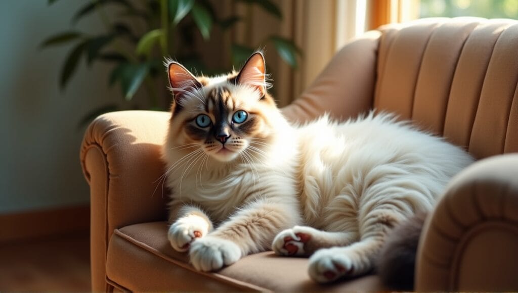 Ragdoll cat with blue eyes lounging on a cozy armchair in a serene living room.
