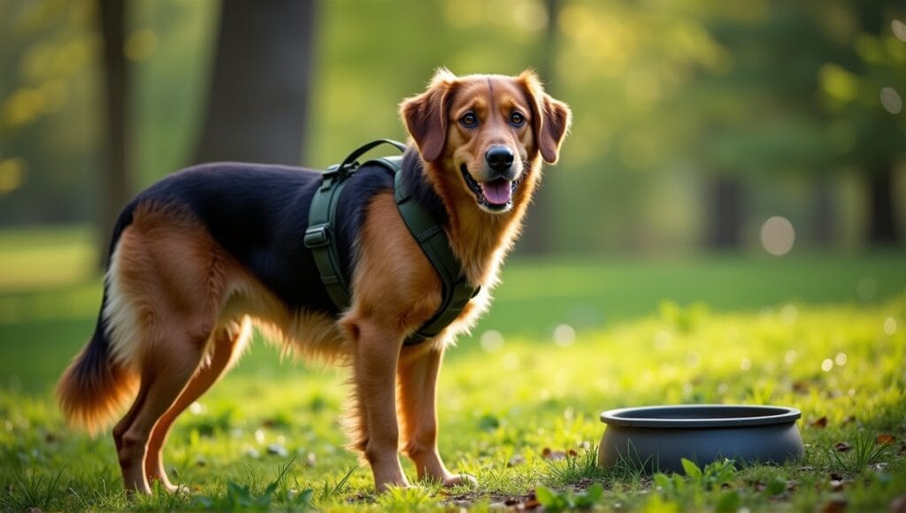 A strong, agile tracking dog with a glossy coat in a lush green landscape.