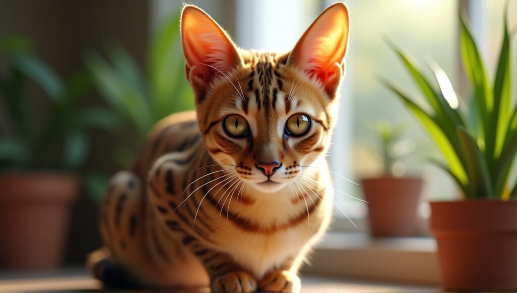 Caracal hybrid cat with tufted ears and amber eyes in a serene indoor setting.