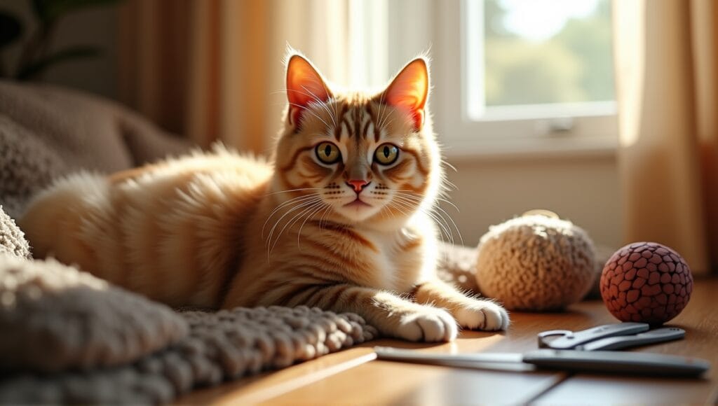 Purebred cat lounging in a cozy living room with grooming tools and toys nearby.