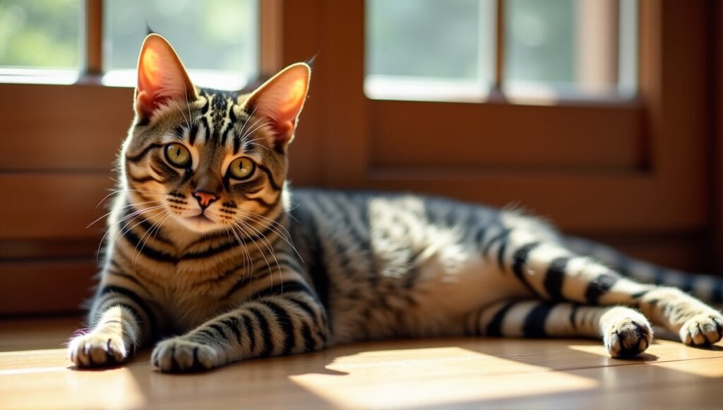 Asian tabby cat with unique coat patterns lounging on wooden floor in sunlight.