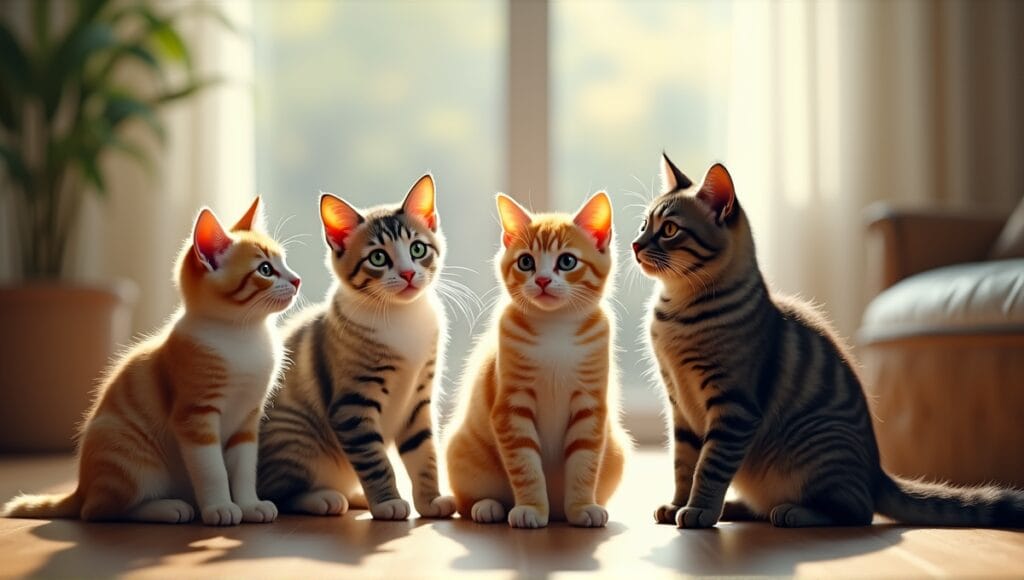 Ten rare cat breeds showcasing unique features and characteristics in an indoor setting.