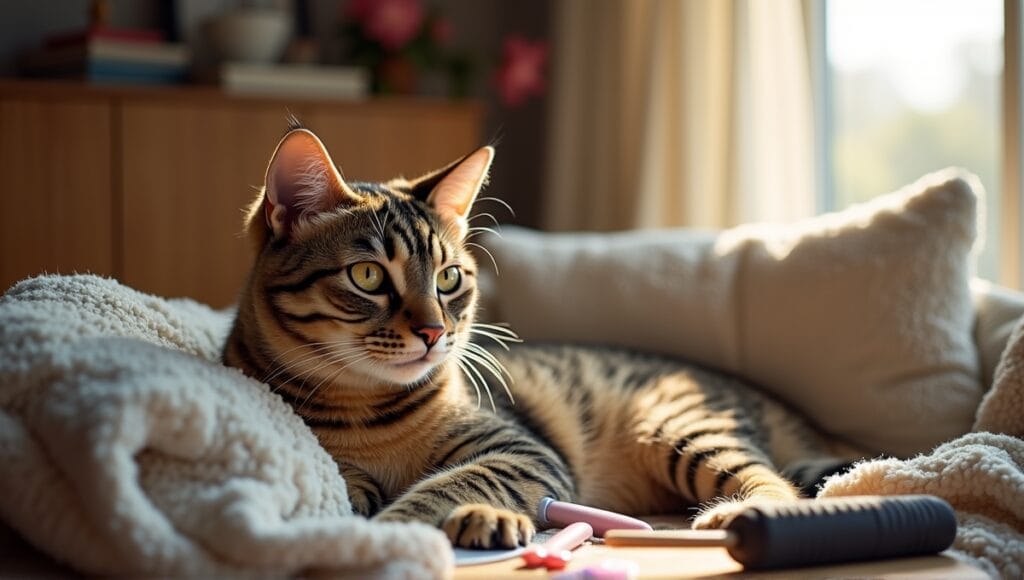 Purebred cat resting on a couch with grooming tools and toys nearby.