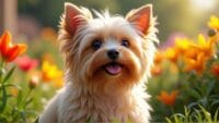 Playful long-haired dog sitting in a sunlit garden surrounded by colorful flowers.