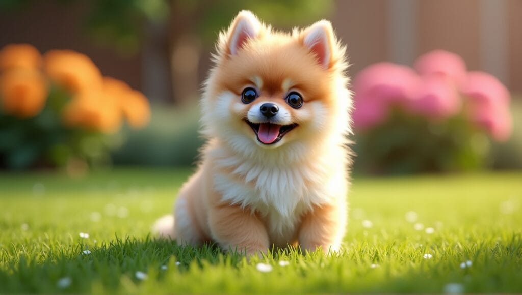 Small dog breed sitting on green lawn, surrounded by colorful flowers, displaying playful expression.