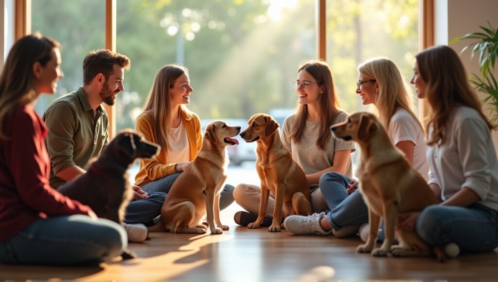 Group of people discussing dog breeds in a welcoming pet adoption center.