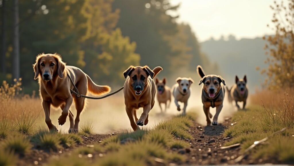 Tracking dog breeds, including Bloodhound and German Shepherd, working in a natural outdoor setting.