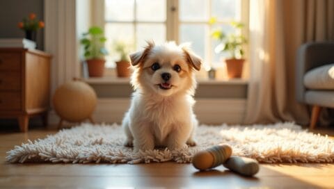 Small playful dog with fluffy coat sitting on a cozy rug with toys.