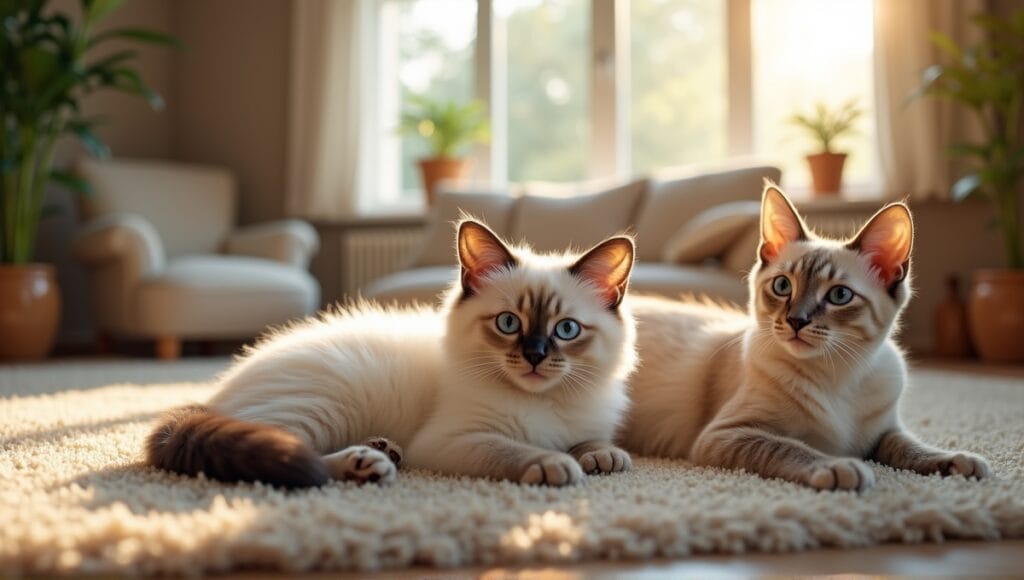 Friendly Ragdoll cat with blue eyes beside a fluffy Maine Coon and elegant Siamese.