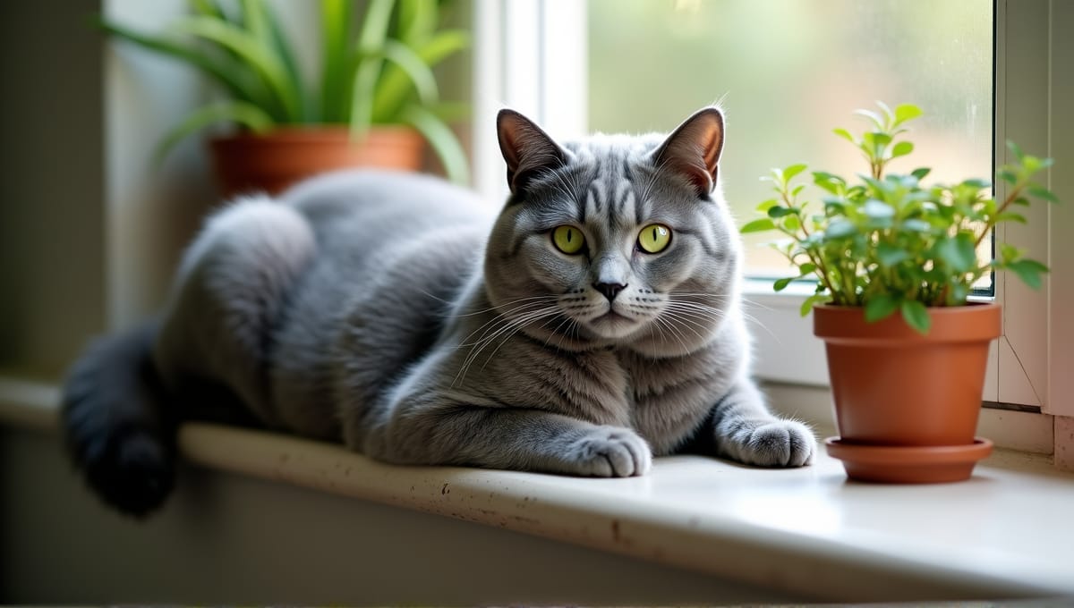 Korat cat with silver-blue coat and green eyes lounging on a sunlit windowsill.