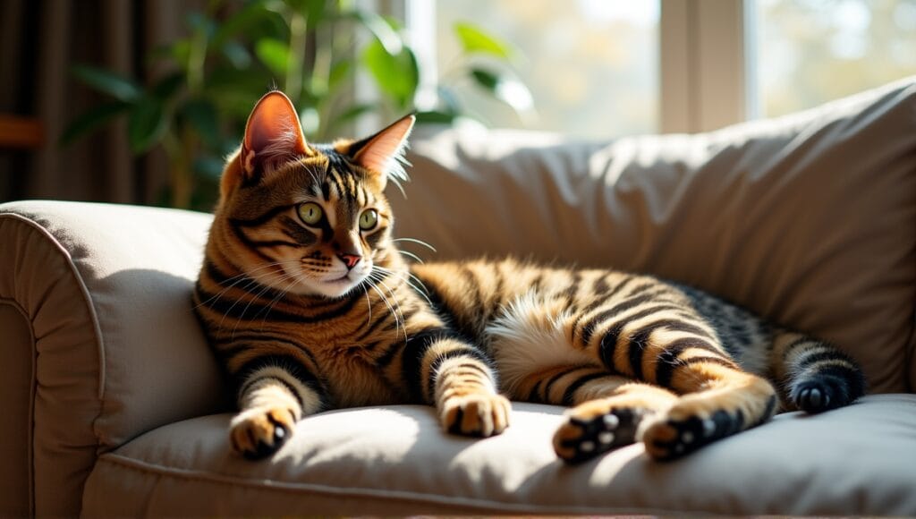 Rare cat breed lounging on a plush sofa in a cozy living room setting.