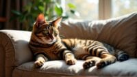 Rare cat breed lounging on a plush sofa in a cozy living room setting.