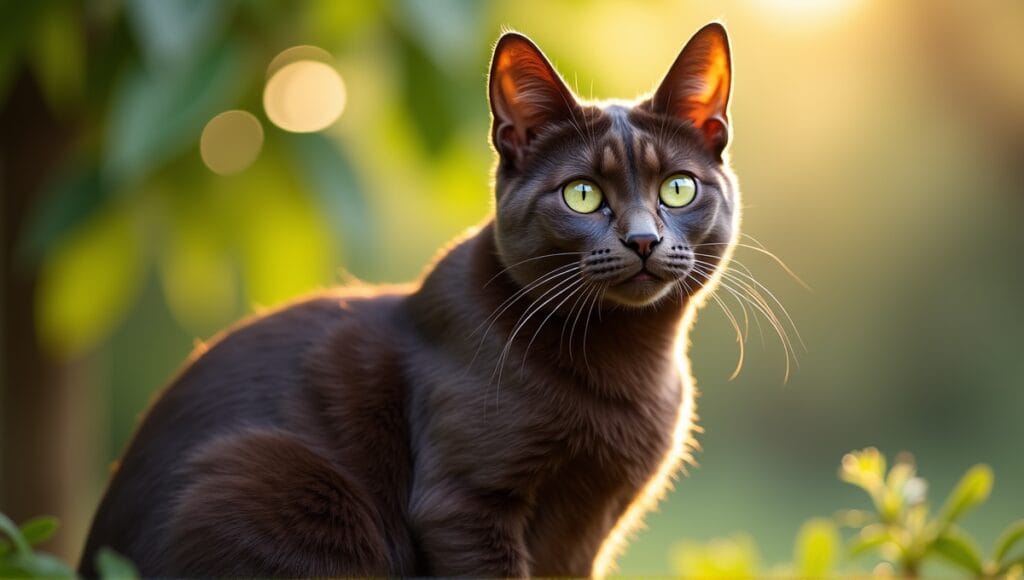 Portrait of a Havana Brown cat with chocolate coat and expressive green eyes in nature.