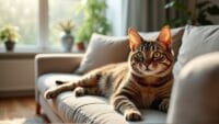 Domestic cat hybrid with unique markings lounging on a plush couch in a modern living room.