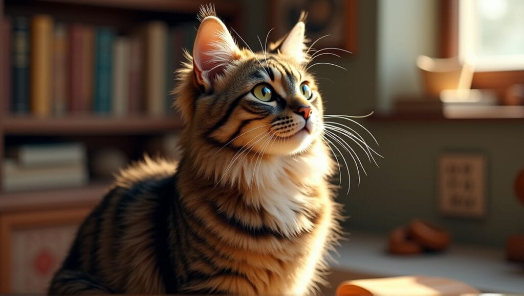 Rare cat breed with striking markings, expressive gaze in a cozy, vintage room.
