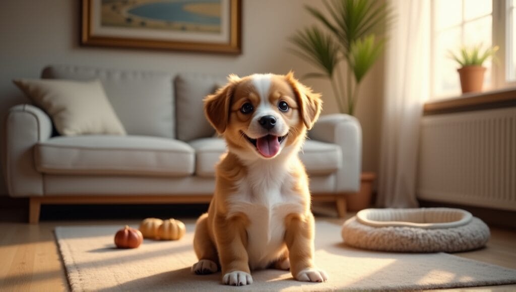 Small mixed breed dog with a friendly expression, sitting in a cozy living room.