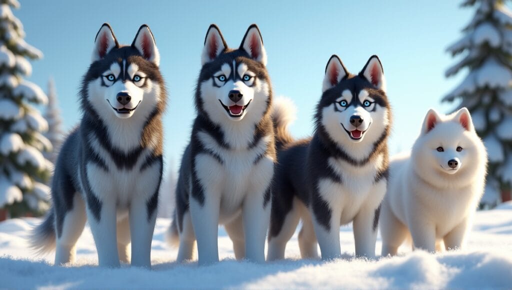 Group of sled dog breeds in snowy landscape, featuring Malamute, Husky, and Samoyed.