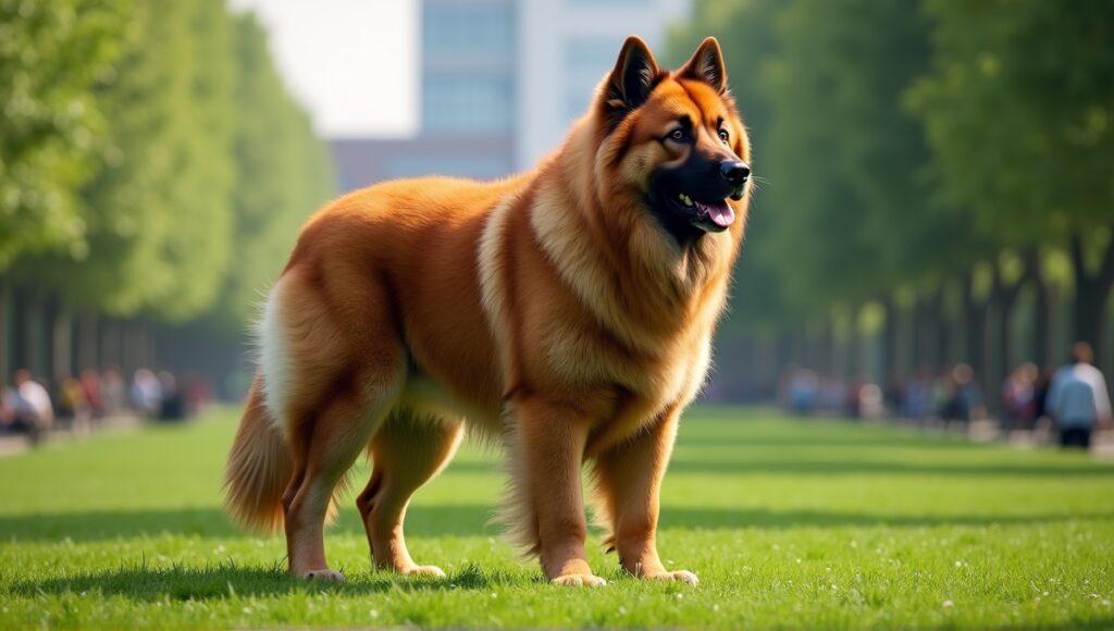 Majestic giant dog breed stands proudly in a lush green park, showcasing impressive features.