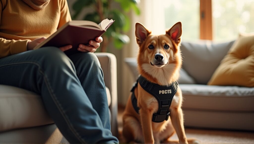Service dog in harness sitting calmly next to a person reading in cozy living room.