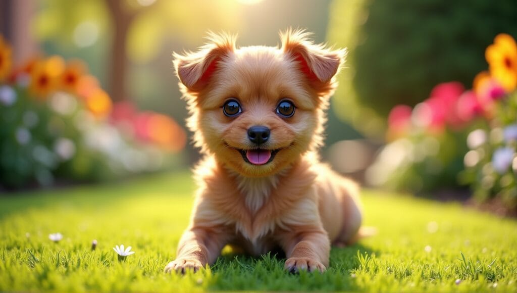 Small mixed breed dog with shiny coat, playfully sitting in a vibrant flower garden.