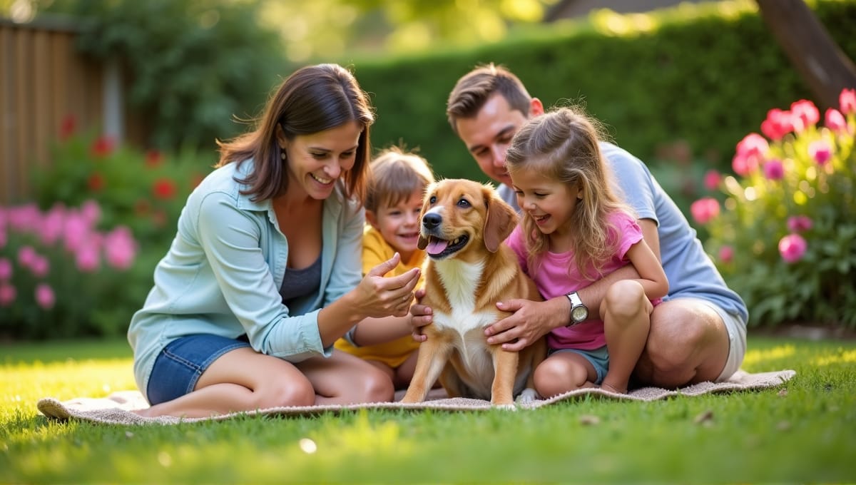 A family playing joyfully with a purebred dog in a lush backyard garden.