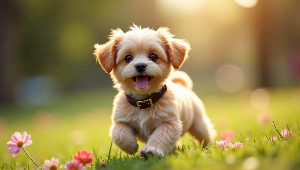 Small dog breed playing in a sunny park, surrounded by flowers and green grass.