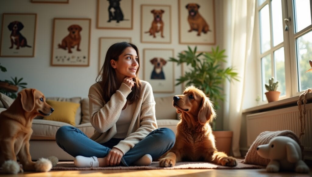 Person thoughtfully considering dog breeds in a cozy living room with dog posters and toys.