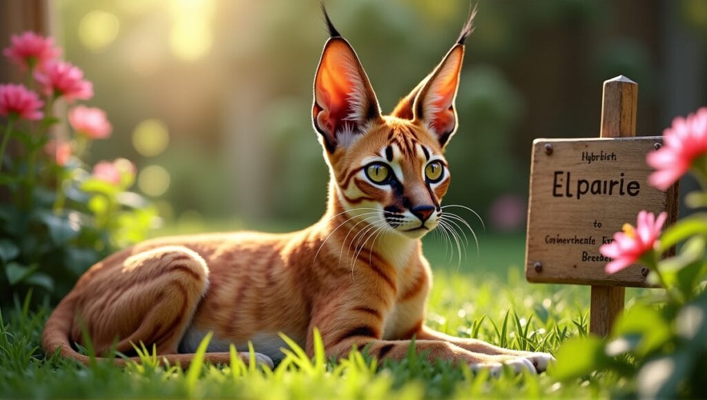 Caracal hybrid resting in a sunlit garden with tufted ears and lush greenery.