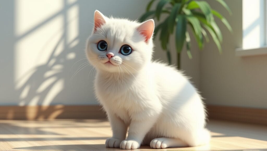 Fluffy white cat with blue eyes resting in a sunlit room, evoking serenity.