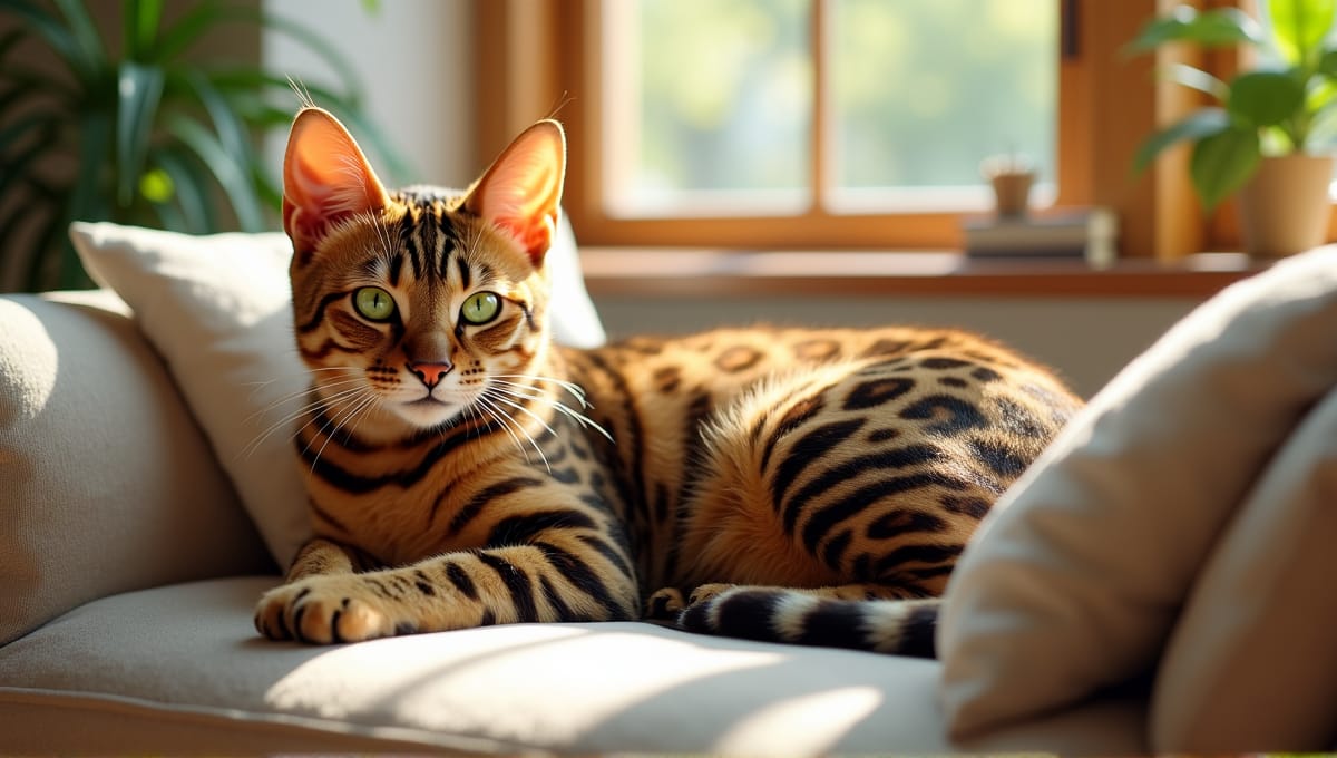 Bengal cat with rosette patterns and green eyes lounging on a cozy couch.