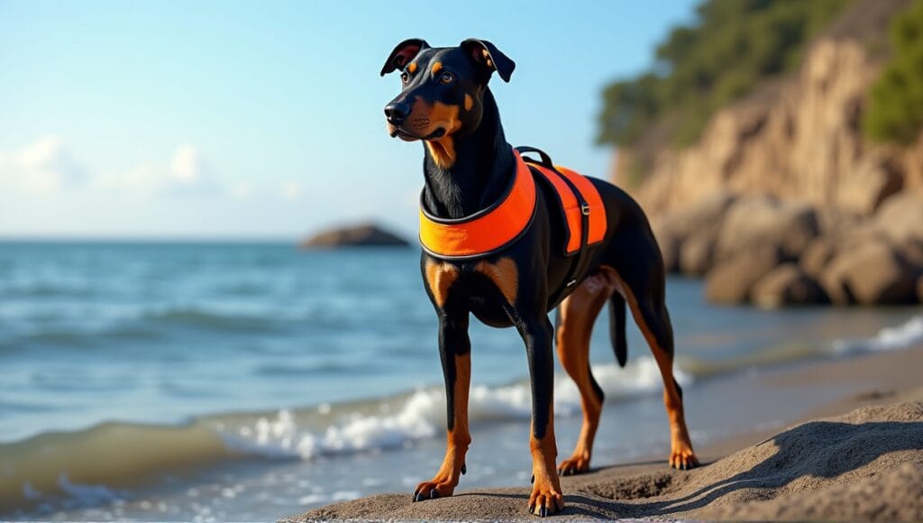 Dedicated water rescue dog in life jacket standing on rocky shoreline with clear blue sky.