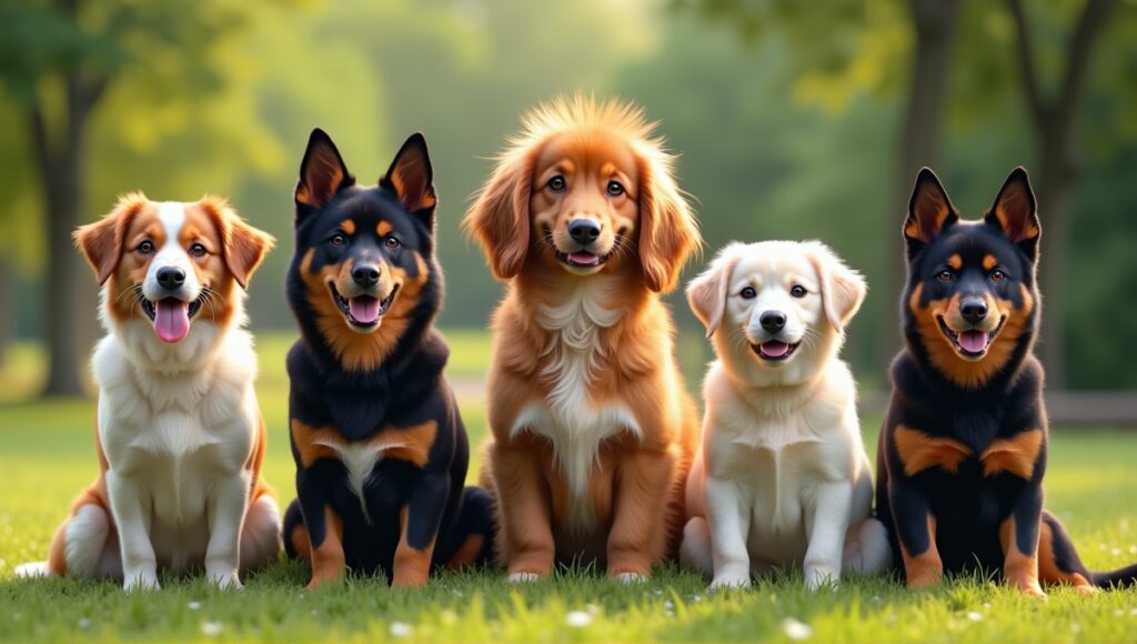 Top five popular purebred dog breeds in a lush park setting, showcasing distinct traits.