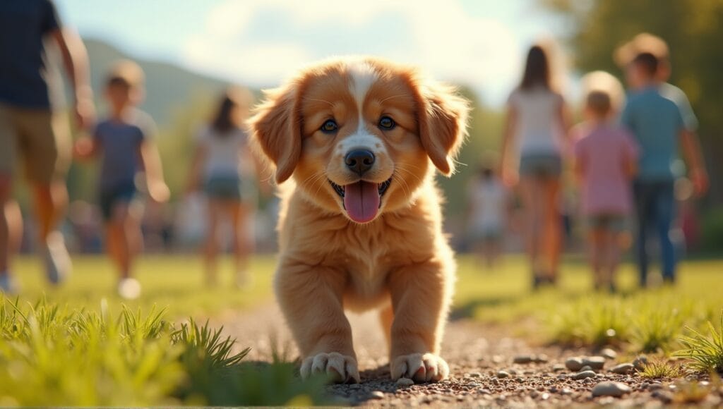 Friendly companion dog interacting playfully with children in a sunny park setting.