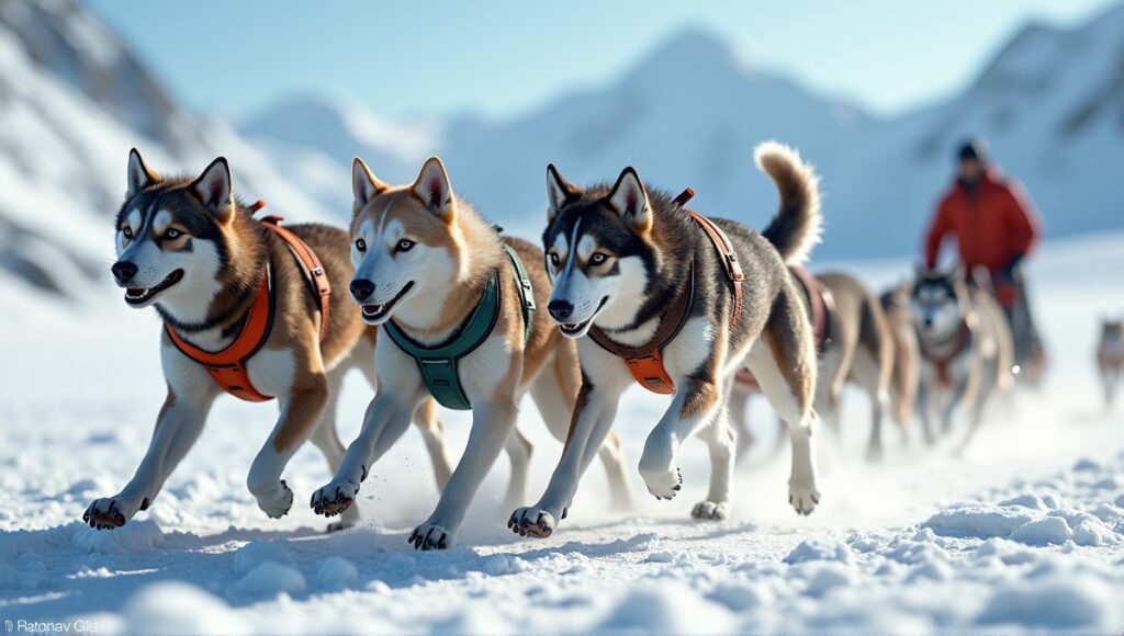 Team of sled dogs in vibrant harnesses pulling a sled across snowy terrain.