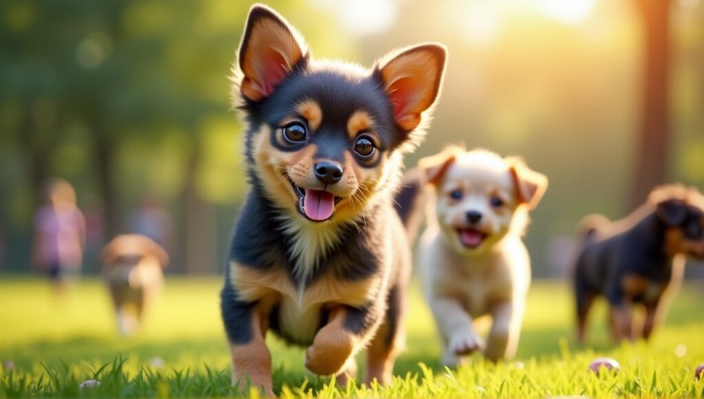 Small mixed breed dog playing in a vibrant park, showcasing its friendly demeanor.