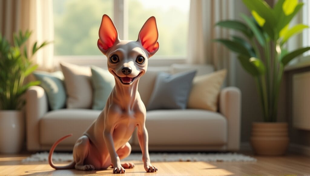 Hairless dog breed sitting in a sunlit living room, surrounded by plants.