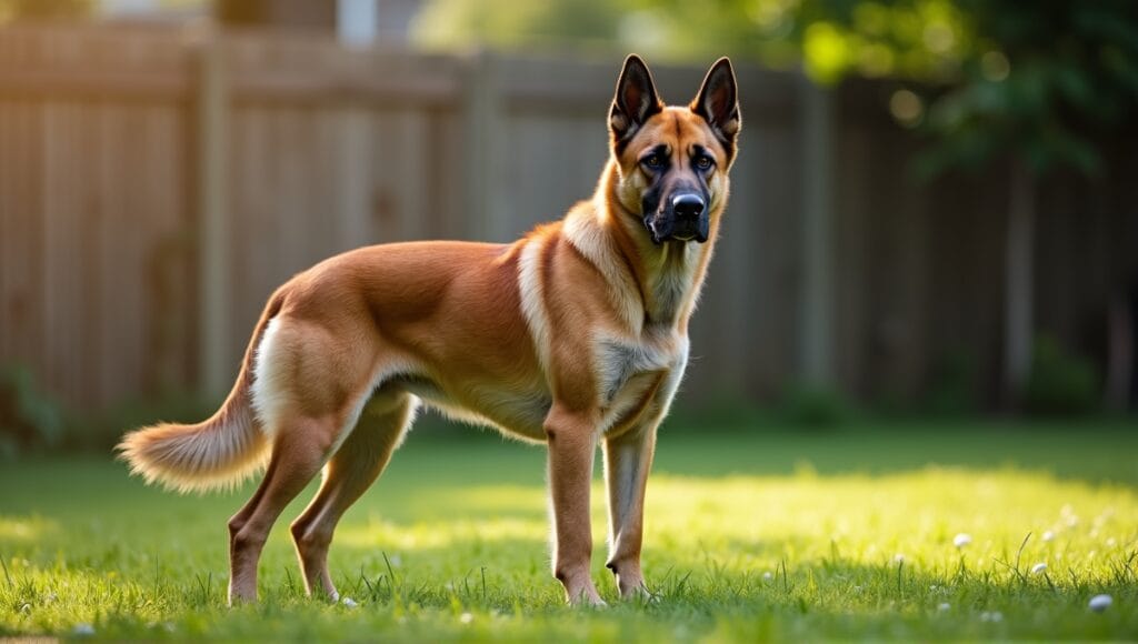 Loyal guard dog standing proudly in a serene backyard with green grass and wooden fence.