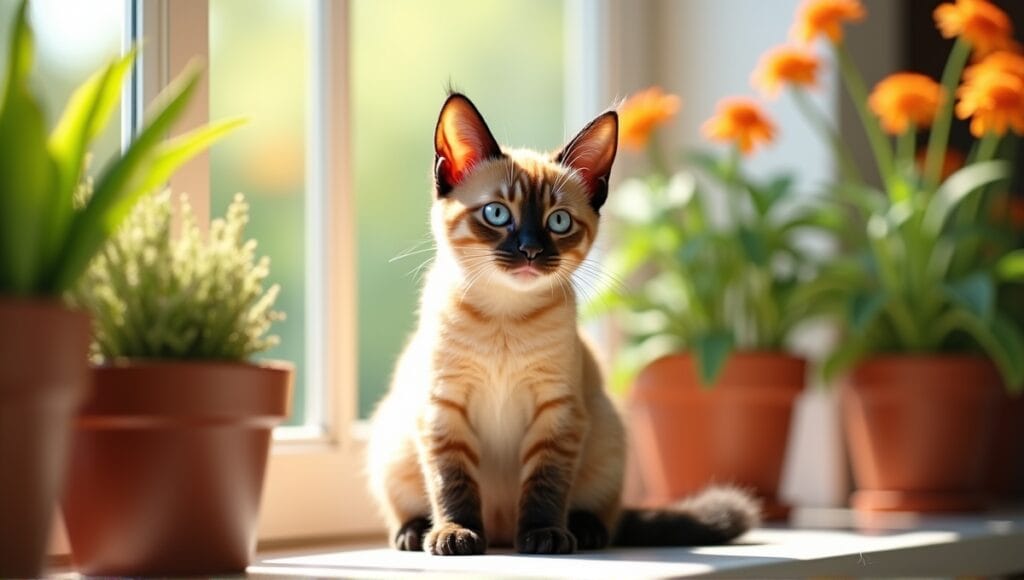 Playful Manx cat sitting on a sunny windowsill surrounded by potted plants and flowers.