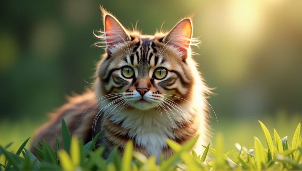 Hybrid cat displaying unique traits of various breeds in a serene, green environment.