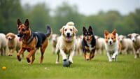 Group of dogs in action, featuring German Shepherd, Labrador Retriever, and Border Collie.