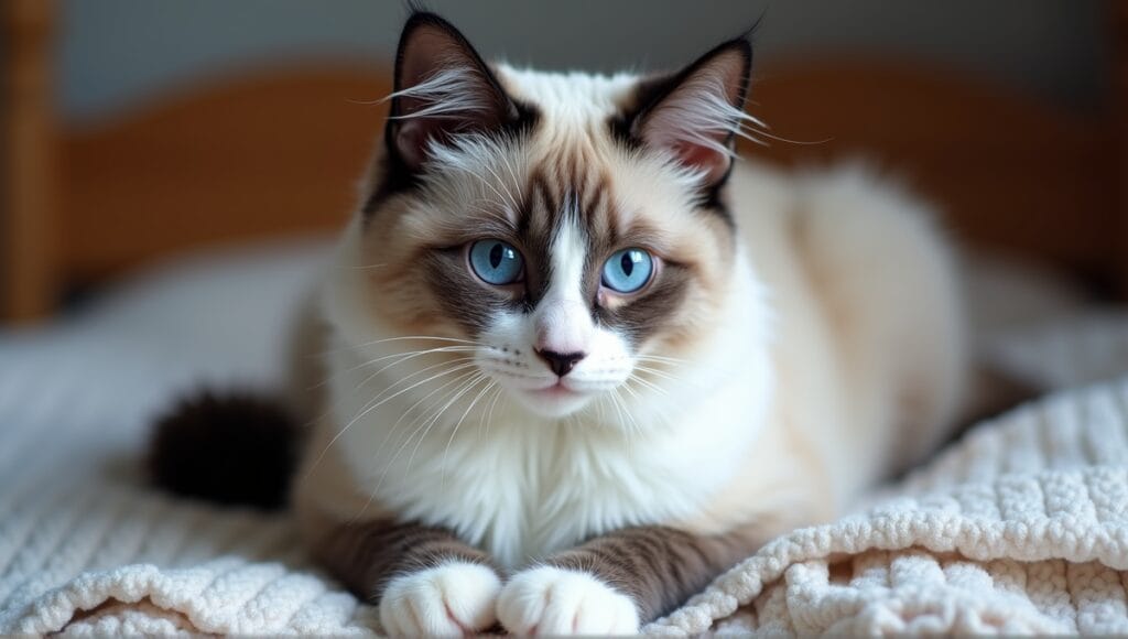 Snowshoe cat with blue eyes, white paws, and unique coat pattern on cozy blanket.