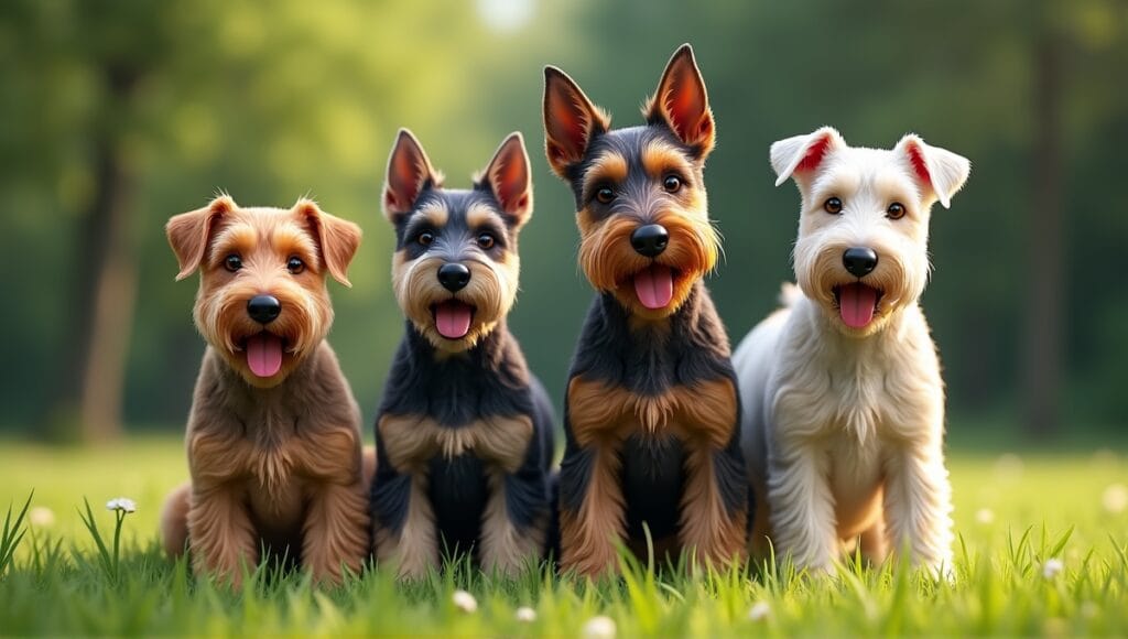 Airedale, Irish Terrier, Kerry Blue Terrier, and Welsh Terrier playing together in greenery.