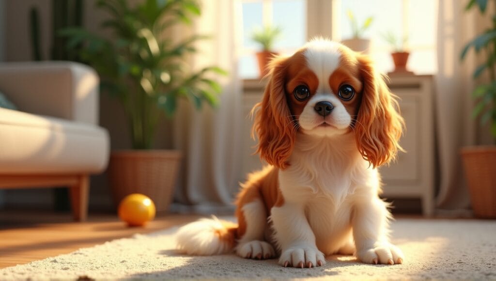 Cavalier King Charles Spaniel sitting in a cozy living room with sunlight and toys.