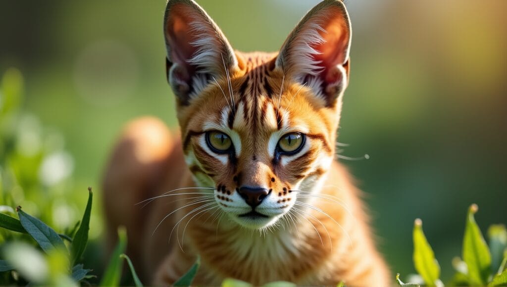 Caracal hybrid cat with tufted ears and captivating eyes in a lush green environment.