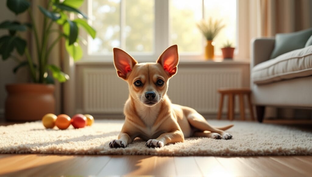 Small, low-maintenance dog lounging on a soft rug in a cozy living room.