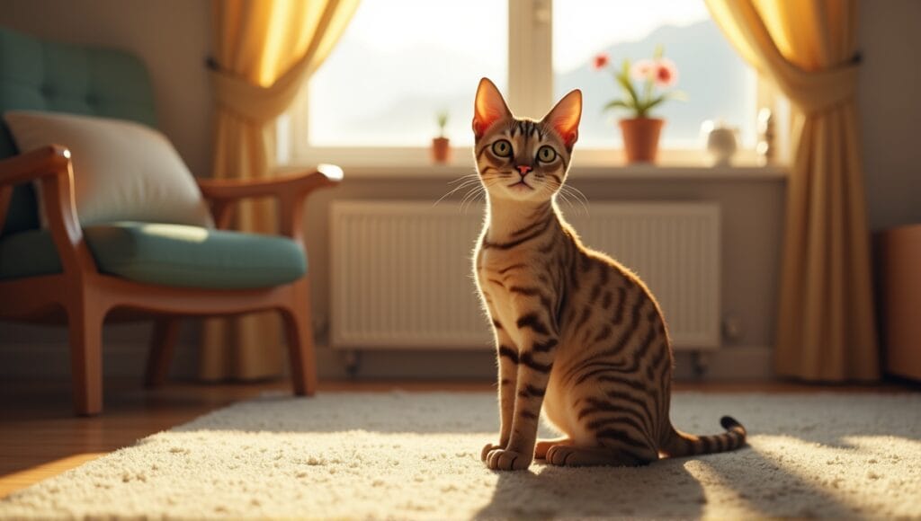 Manx cat with short tail in cozy living room with veterinary check-up background.