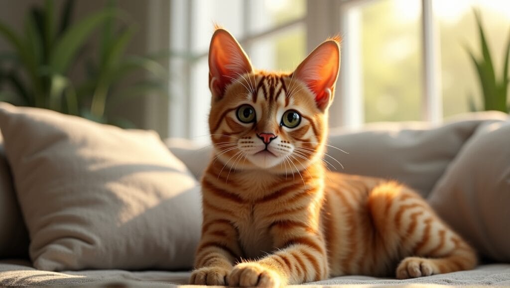 Caracal hybrid cat with tufted ears and golden fur sitting in a cozy living room.