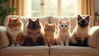 A selection of American cat breeds relaxing on a cozy couch in a sunny living room.
